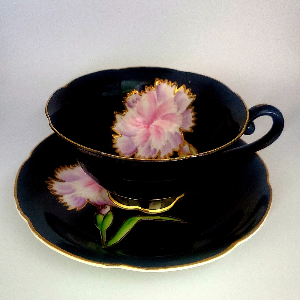 Vintage Black & Gold Gild Hand Painted Pink Floral Porcelain Teacup & Saucer Set